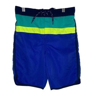 Osh Kosh B'gosh Boys Swim Trunks Neon Green Teal Blue Tie Elastic Waist SZ 10/12